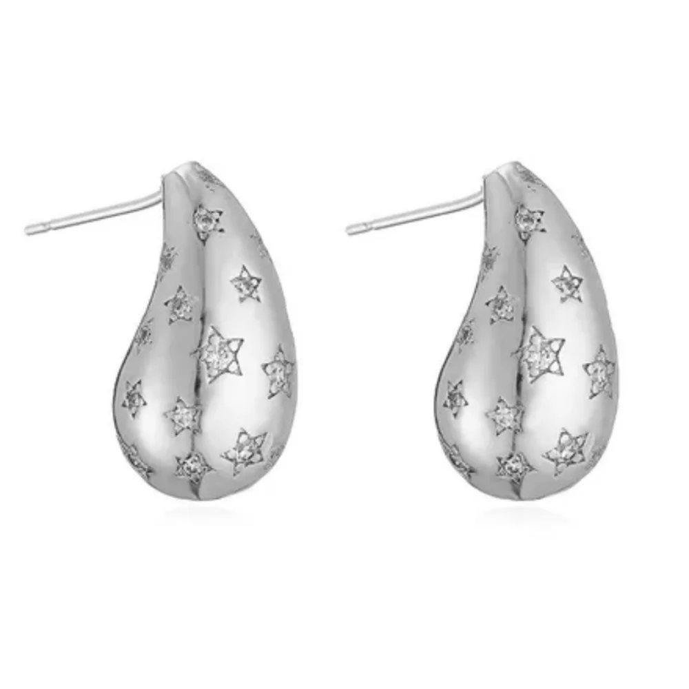 Stainless steel silver tone small star tear drop earrings